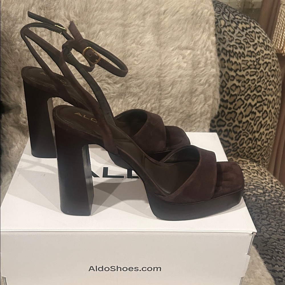 Aldo Dark Brown Strappy Platform Heels - Picture 2 of 6
